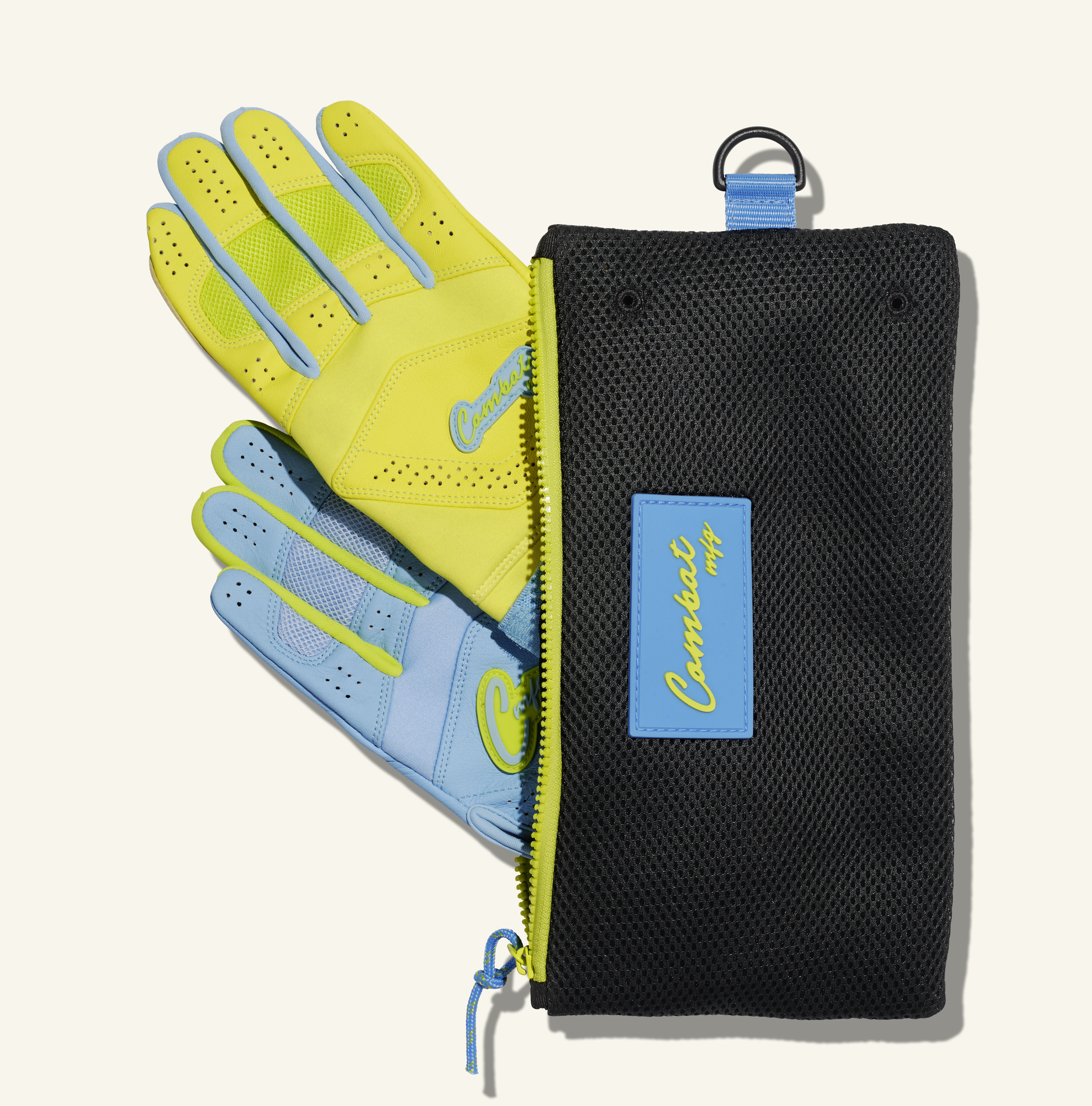 COMBAT MFG Ying Yang Long Strap Batting Gloves, Columbia Blue/Lemonade Blitz, Large
