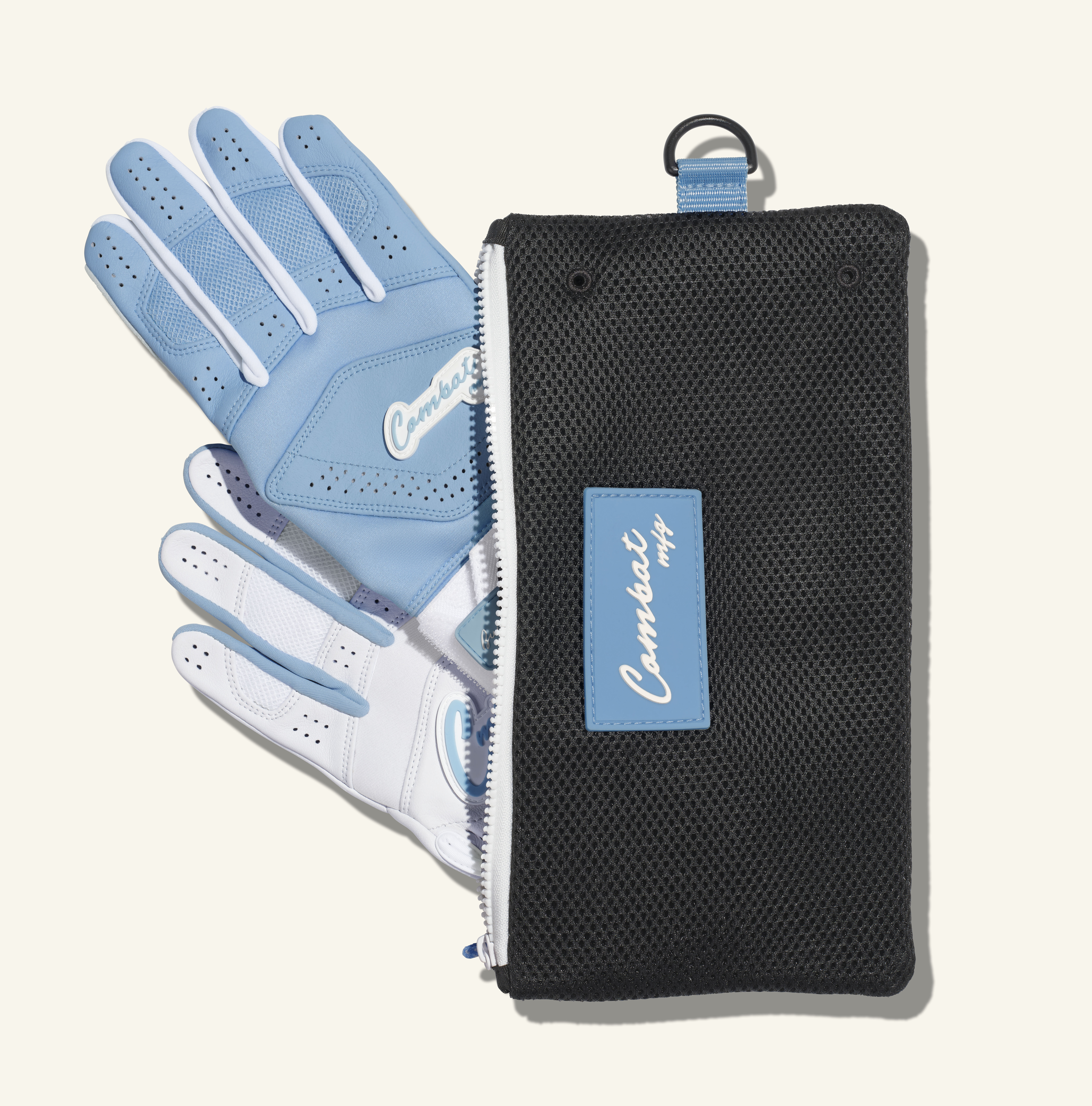 COMBAT MFG Ying Yang Long Strap Batting Gloves, White/Columbia Blue, Medium